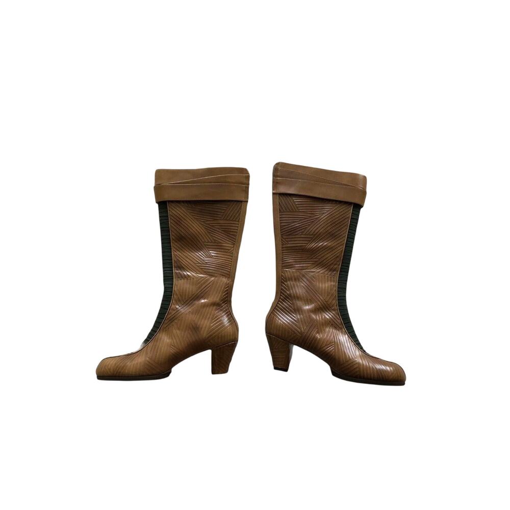 Gaucho Leather Boots Glory Chen 6.5M Tooled Patterned Tan Green Elastic Accent